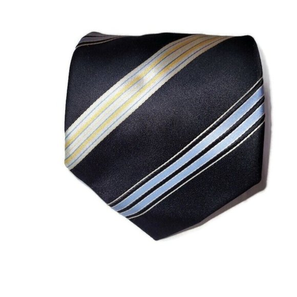 Via Vai Tie Men Silk Necktie Hand Made in Italy Black Blue/Yelllow Stripes - Picture 2 of 8